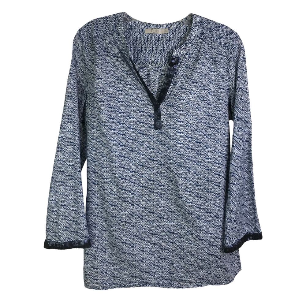 Dalia‎ Tunic Top Womens Sz S Navy Blue Geometric V-Neck Sequin Trim Long Sleeve